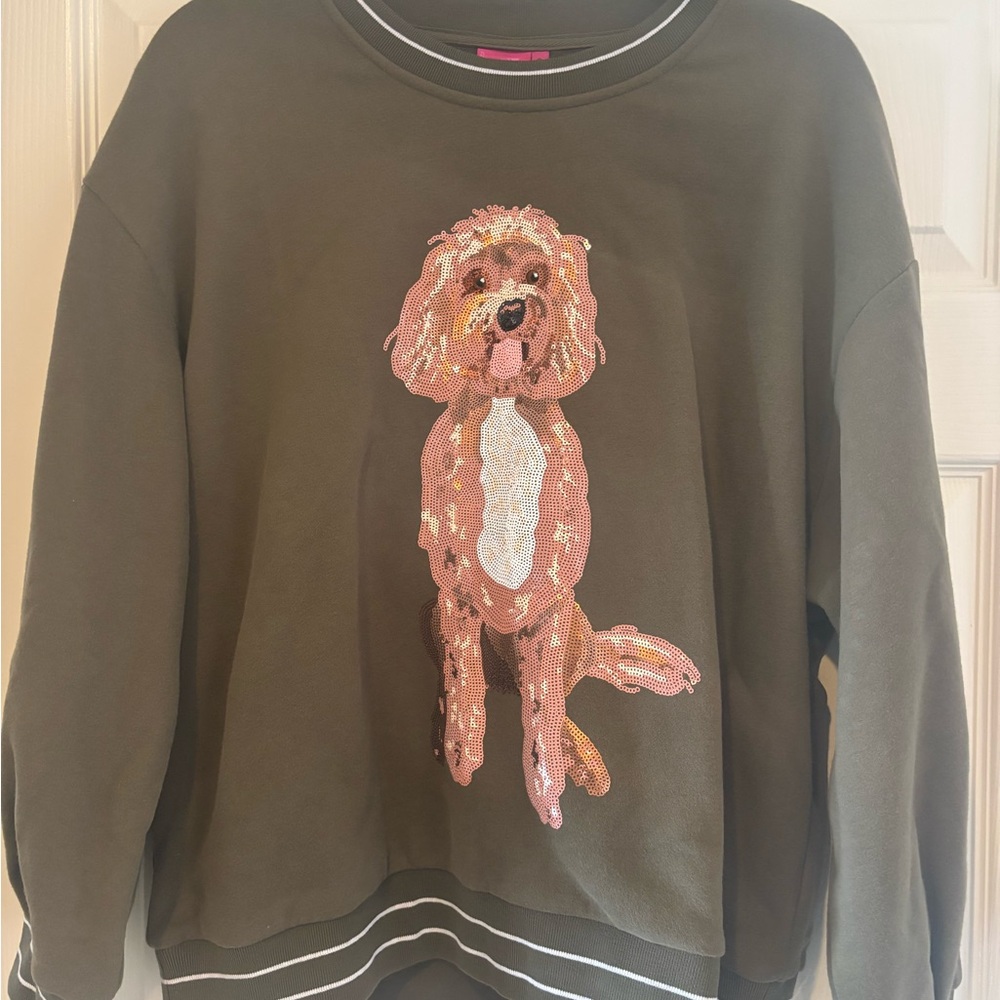 QUEEN OF SPARKLES Olive Dog Embellished Sweatshirt